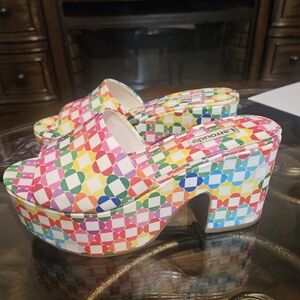 LARROUDE Women's Miso 90MM Daisy Monogram  Platform Mules - Rainbow SZ 6.5